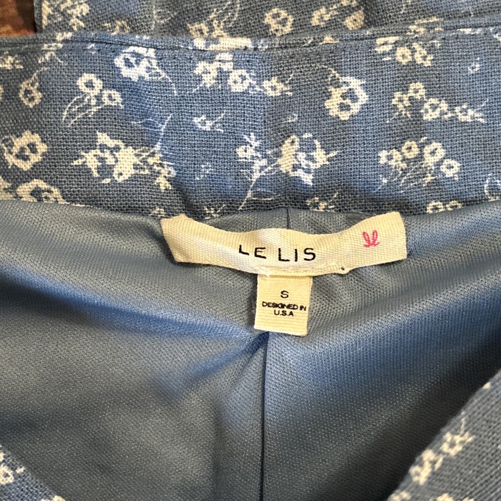 Le Lis Women's Blue Floral Side Zip Crop Wide Leg Pants Small Linen Blend Lined - Picture 2 of 7